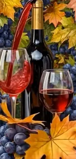 Autumn-themed wine scene with grapes and foliage.