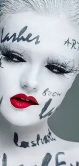 Artistic face with bold makeup and text, avant-garde phone wallpaper.