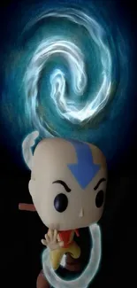 Stylized character with water spiral on dark blue background.