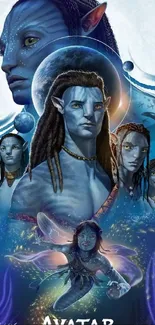 Avatar-inspired wallpaper featuring Na'vi characters in a vibrant blue theme.