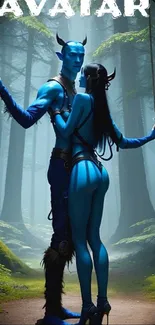 Two blue humanoid characters in a forest, inspired by Avatar movie.