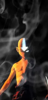 Aang from Avatar in a striking pose against a dark background.