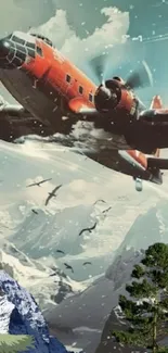 Airplane flying through mountainous landscape with dynamic energy.