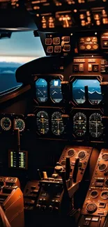 Intricate cockpit view with illuminated dials at dusk.