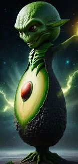 Green alien avocado with energy aura wallpaper.