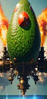 Surreal avocado-shaped spaceship launching with fiery exhaust.