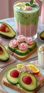 Aesthetic avocado toast with matcha drink and flowers.