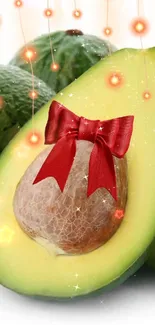 Avocado with red bow and glowing lights on wallpaper.