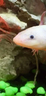 Axolotl near rocks with neon green pebbles.