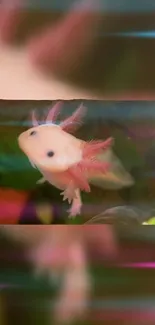 Axolotl swimming in vibrant pink waters with delicate details.