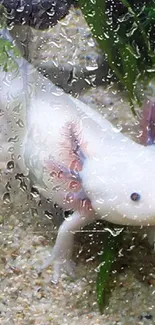 Axolotl in aquarium with plants and sandy floor.