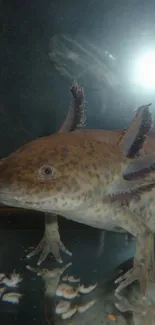 Axolotl swimming gracefully in water, showcasing its unique features.