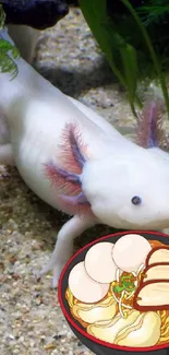 Axolotl in aquarium with ramen graphic overlay.