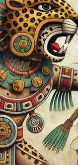 Aztec jaguar warrior art with vibrant colors.