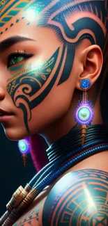 Side view of a woman with intricate Aztec-style tribal tattoos and earrings.