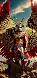 Aztec warrior in full tribal armor with vibrant red feathers.