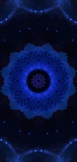 A vibrant blue mandala set against a galaxy backdrop, creating a cosmic visual effect.