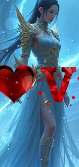 Fantasy warrior in blue armor with love theme design.