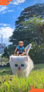 Cute baby riding a white kitten in a grassy field.