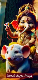 Charming depiction of Ganpati on a mouse with vibrant colors.