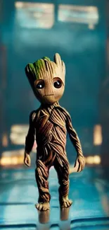 Cinematic Baby Groot wallpaper with vivid colors and dynamic lighting on mobile display.