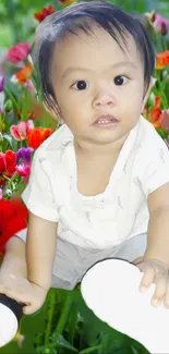 Cute baby sitting in a vibrant tulip garden.