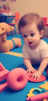 Adorable baby playing on bright blue mat with colorful toys in background.