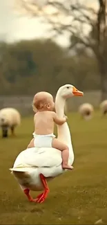 Baby riding a goose in a green field.