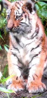 Cute baby tiger sitting on a log in a lush jungle setting.