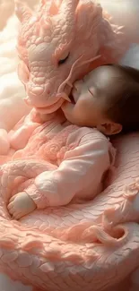 Sleeping baby with pink dragon in clouds.