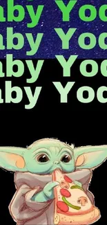 Baby Yoda enjoying pizza on a bold black mobile wallpaper.