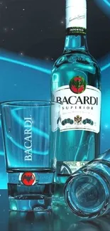 Vibrant Bacardi bottle with glass and turquoise background.