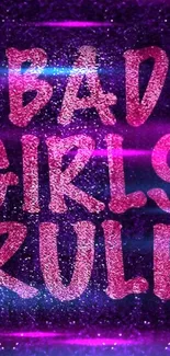 Pink glitter text 'Bad Girls Rule' on dark purple background.