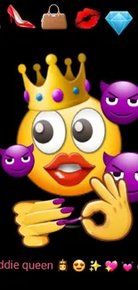 Baddie queen emoji wallpaper with crown and lipstick emojis on a black background.