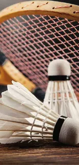 A close-up of a badminton racket and shuttlecocks on a wooden surface.