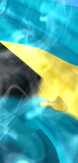 Vibrant Bahamas flag with aquamarine, gold, and black colors on mobile display.