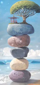 Surreal stack of stones with tree and beach scene.