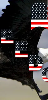 Bald eagle flying with freedom text and US flag design.