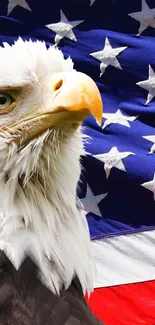 Majestic bald eagle with American flag backdrop, symbolizing freedom.