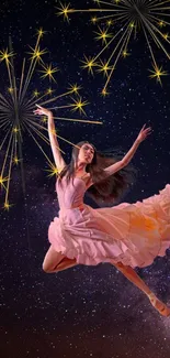 Ballerina dancing gracefully under vibrant night sky with yellow stars.