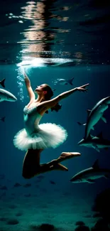 Ballerina dancing underwater surrounded by sharks in a dark blue ocean.