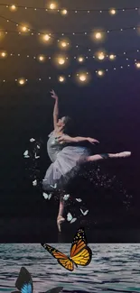 Graceful ballerina dances with butterflies under twinkling string lights.