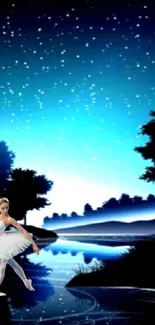 Ballet dancer by a starry river under a vivid blue night sky.