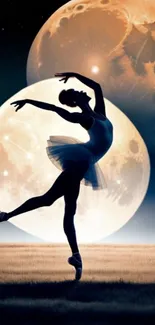 Ballerina silhouette dancing under two glowing moons.