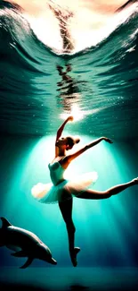 Ballerina dancing underwater with dolphin, illuminated by blue light.