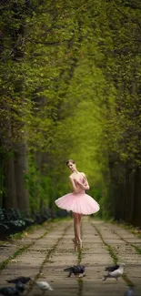 Elegant ballerina in pink tutu dancing in a lush green forest path.