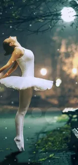 Gracious ballet dancer in a moonlit park at night, illustrating elegance and tranquility.