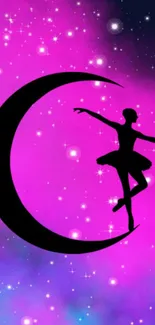 Ballet dancer silhouette on crescent moon amid purple cosmic stars.