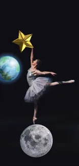 Ballet dancer in space with Earth, Moon, and star on black background.