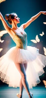 Ballet dancer with glowing butterflies on a blue background.